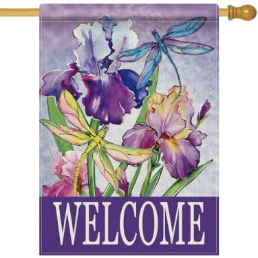 Imagem de Dyrenson Bem-vindo primavera verão flor de íris 71 x 101 bandeira de casa dupla face, roxo floral libélula jardim decoração de quintal, decoração sazonal de aniagem ao ar livre bandeira grande
