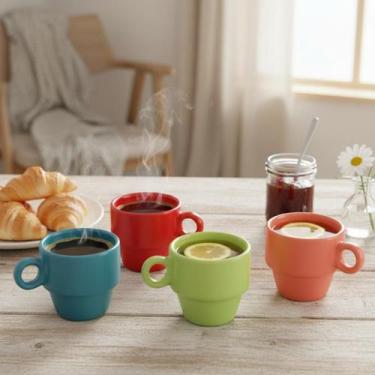 Imagem de Xícaras Stacky 4 Peças Cerâmica Coloridas 90ml Com Suporte - Hauskraft