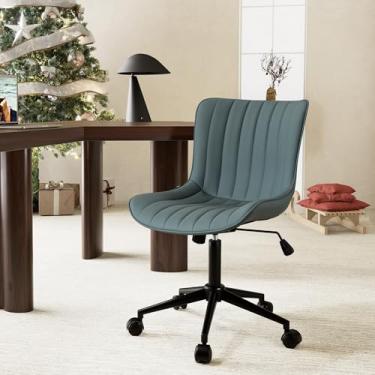 Imagem de YOUNIKE Cadeira de mesa de escritório em casa com rodas Cadeira compacta confortável sem braços com encosto ajustável moderna pequena estofada de couro dobrável gira gira cadeira de trabalho de