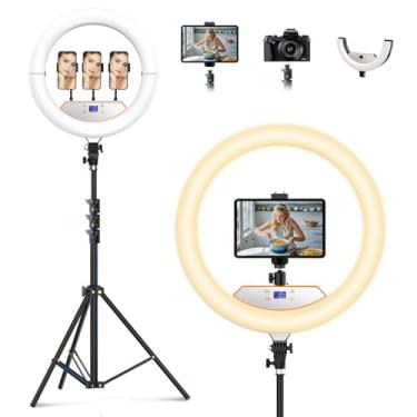 Imagem de PolyPower 18” Ring Light Com Suporte, 2Pcs Dobrável Big Ring Light Para Ipad Iphone, Display Led/4 Clipes/2 Portas Usb, 2700-6500K, Tripé Ring Light Para Tatuagem Lash Barber Maquiagem Estúdio Vídeo