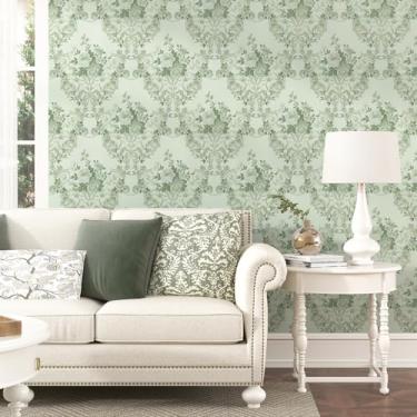 Imagem de EPPKILY Papel de parede floral verde descasque e cole papel de parede floral vintage para quarto, sala de estar, papel de contato de flores vitorianas autoadesivo à prova d'água para forro de armários