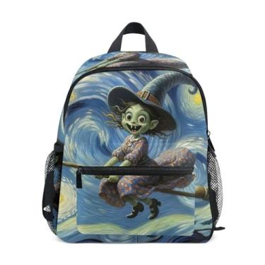Imagem de GAIGEO Witch Starry Night Funny Backpacks for Kids 10x4x12 In, Little Girls Backpack with Water Bottle Pockets, Whistle Buckle