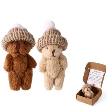 Imagem de Conjunto com 2 Ursinhos em Caixa com Chapéu, Mini Ursos Artesanais Mensagem Positiva e Cartão de Incentivo para Oferecer a Amigos Familiares e Colegas de Trabalho (Caqui, Castanho Escuro)