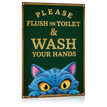 Imagem de Placa de metal de tigre demoníaco, arte de parede de banheiro engraçada Please Flush & Wash Your Hands Vintage Retro para banheiro, banheiro, cozinha, 20 x 30 cm