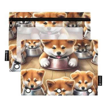 Imagem de GAIGEO Linda bolsa de lápis Akita Inu para filhotes de cachorro para fichário de 3 anéis, fichário com zíper, bolsa para escritório, escola, bolsos transparentes, 25 x 18 cm, 2 pacotes