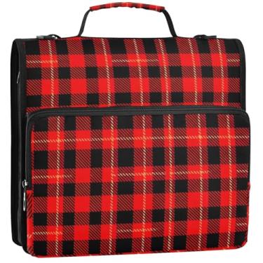 Imagem de Organizador de fichário xadrez tartã vermelho preto com zíper de 3,5 cm, 3 anéis, bolsa de fichários escolares resistentes com alça de ombro, vários bolsos, pasta grande para portfólio, 34,5 x 31,5 x