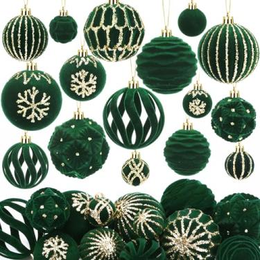 Imagem de Soulchen Conjunto de 36 peças de enfeites de bolas de Natal de veludo verde caçador flocado de plástico inquebrável enfeites de Natal vintage com glitter para decoração de bola de guirlanda de Natal