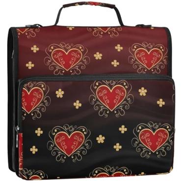 Imagem de Organizador de fichário com zíper elegante corações vermelhos gradiente preto 3 anéis 3 anéis rosa resistente bolsa de fichário escolar com alça portfólio e estojo suporte para pasta de anéis, 34,5 x