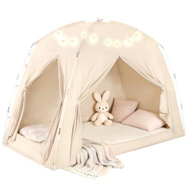 Imagem de Tendas de cama para crianças e adultos, portátil 100% respirável e 85% blackout, tenda de jogo dos sonhos, 3 portas grande privacidade espaço dossel para dormir no chão ou cama casal casal queen size