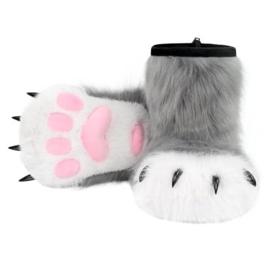 Imagem de HAOAN Pantufas de pata de animais peludos, botas felpudas, gatos, raposa, lobo, urso, garras, acessórios para cosplay de Halloween, Cinza, Tamanho Único