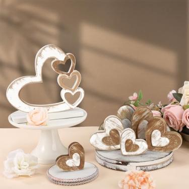 Imagem de Wonderjune 7 peças decoração de madeira dia dos namorados bandeja em camadas decoração retrô dia dos namorados coração blocos placa rústica decoração de mesa para sala de estar casa de fazenda mesa