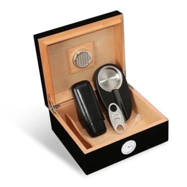 Imagem de JDIME Estojo de couro portátil para mesa de viagem Cedro Espanhol Cedro Charuto Caixa Cortador Cinzeiro Portátil 20 35 Charutos (Preto)