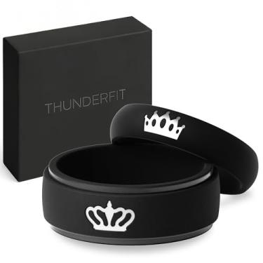 Imagem de ThunderFit Anéis de silicone para ele e ela, alianças de casamento para casais com coroa e gravação de rei/rainha, pacote com 2 alianças de noivado de borracha para casais, 8.5-9 (W) | 10.5-11 (M