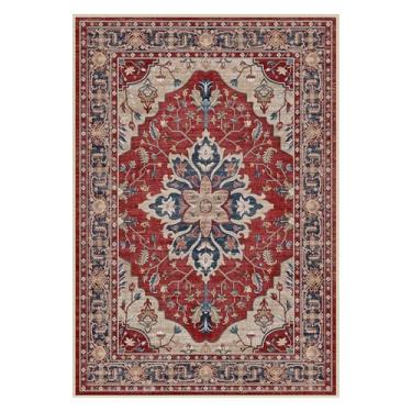 Imagem de RELEANY Tapetes de área 9,5 x 1,5 m lavável, antiderrapante, floral, vintage, estampa de angústia, tapete medalhão para sala de estar, quarto, sala de jantar, vermelho e azul