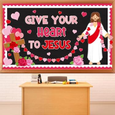 Imagem de Conjunto de quadro de avisos Jesus Dia dos Namorados Quadro de avisos religioso cristão Dê seu coração a Jesus Amor Coração Rosa Cruz recortes para escola dominical sala de aula casa lousa decoração