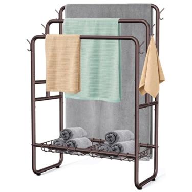 Imagem de Kayfia Toalheiros de 101,6 cm de altura para banheiro, suporte de cobertor de 3 camadas com 2 cestas de armazenamento e 6 ganchos, suporte para toalhas para toalhas de banho grandes, suporte de escada