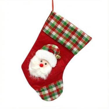 Imagem de Pendente Bota Natalina de Poliester Vermelho e Verde Xadrez 34cm com Papai Noel e Guizo para Decoração Enfeite Árvore Lareira e Portas um Charme Rústico