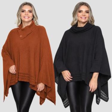 Imagem de Kit 2 Poncho Feminino Tricot Mousse Liso Gola Alta Casaco Lã - EXPOSIÇ