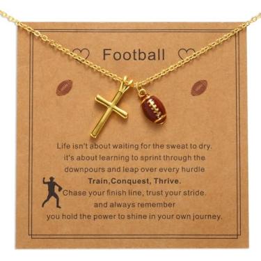 Imagem de Colar Pingente Esportivo Dourado, Colar Pingente Cruz Dourada Joia de Tema Esportivo com Cartão para Presente Aniversário Natal Dia dos Namorados Páscoa Batizado Formatura(Rugby)