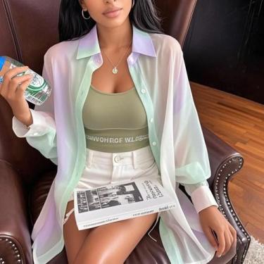 Imagem de Camisa De Manga Longa Rosa Transparente Com Gradiente Arco-Íris Para M