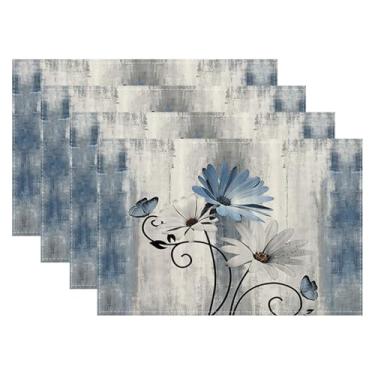 Imagem de Jogo americano floral, conjunto de 4, 30,5 x 45,7 cm, margarida azul, retangular, flores vintage, decoração de mesa para festas, casa, cozinha, mesa de jantar, decoração