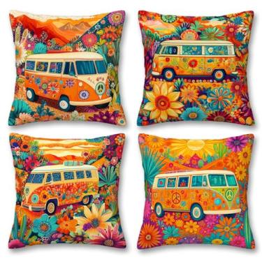 Imagem de YucZiken Hippie Van Capas de almofada 45,7 x 45,7 cm, conjunto de 4 | Capas de almofada decorativas para sofá e sofá campista Van Decor dos anos 70 anos 70 Boho Flower Power Fronhas para sala de estar