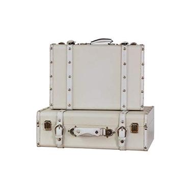 Imagem de Conjunto durável de 2 malas de armazenamento vintage retrô baú do tesouro caixa de armazenamento vintage caixas de armazenamento de mala escola decoração de casa projeto de artesanato (cor: branco