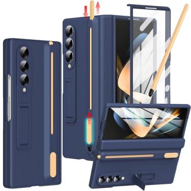 Imagem de YQODSZ Capa para Samsung Galaxy Z Fold 4 com suporte para caneta S e caneta Stylus, Z Fold 4 porta-canetas com suporte Z Fold 4 capa de dobradiça cobertura total para Z Fold 4 azul escuro