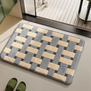 Imagem de CDHZYQ Tapete de banho xadrez boêmio, tapete de banheiro de caxemira sintética ultramacio, tapete de chuveiro absorvente antiderrapante para banheira, pia, quarto, design geométrico verde cáqui (cinza