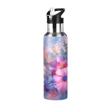 Imagem de Burbuja Garrafa de água de aço inoxidável para pintura de flores, garrafas de água isoladas a vácuo com tampa de canudo para esportes, academia, escola - à prova de vazamento e suor, sem BPA, 590 ml