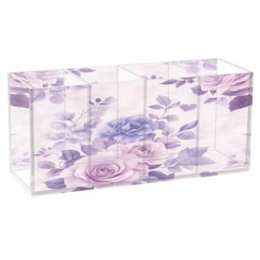 Imagem de Burbuja Suporte de caneta de acrílico Purple Roses, 4 compartimentos, suporte de lápis transparente para pincéis de maquiagem, acessórios de mesa de escritório em casa