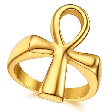 Imagem de ChainsProMax Anel Ankh masculino de aço inoxidável, joia egípcia chave da vida, tamanho 7-14, banhado a ouro/preto - caixa de presente, metal, não conhecido