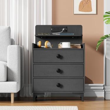 Imagem de Mesa de cabeceira Rreyet com estação de carregamento, suporte noturno de 3 gavetas com portas USB e prateleira de armazenamento aberta, mesa de cabeceira moderna para quarto, lado do sofá, armário