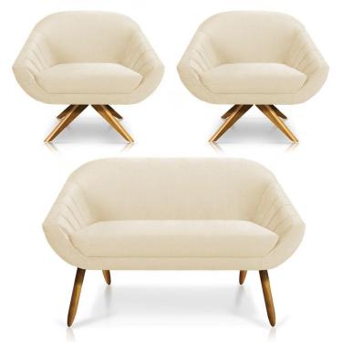 Imagem de Kit 01 Namoradeira 02 Lugares E 02 Poltronas Giratória Giovana Veludo Base Madeira Bege