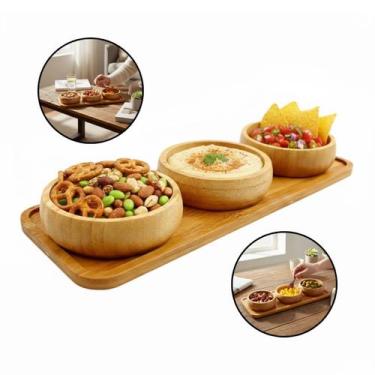 Imagem de Conjunto 3 Petisqueiras C/ Bandeja Bambu Molhos Aperitivos Bege - Kadê