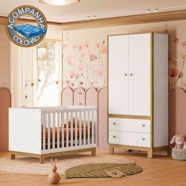 Imagem de Quarto de Bebê com Berço Slim e Guarda Roupa Flora Branco Acetinado Qmovi + Colchão Ortobom