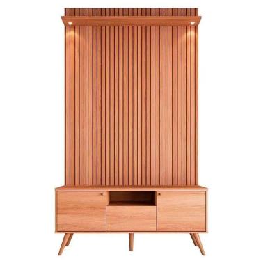 Imagem de Rack Bancada 1 Porta 2 Gavetas E Painel Para Tv De Até 55 Rivire 1.3 Jequitibá Ripado 3d