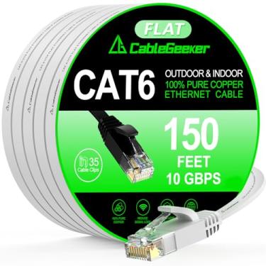 Imagem de Cabo Ethernet Cat 6 de 45,7 m, interno e externo, rede de internet de 10 Gbps de alta velocidade, cabo de patch Ethernet plano de cobre puro longo, cabo LAN para computador com clipes e alças para