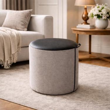 Imagem de Puff Requinte Banqueta Decorativa Linho e Couro Sala Quarto