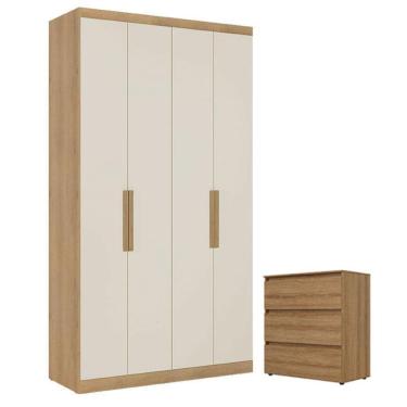 Imagem de Guarda Roupa Solteiro Milan 4 Portas Capuccino Off White e Cômoda Gaveteiro Condessa Capuccino- THB