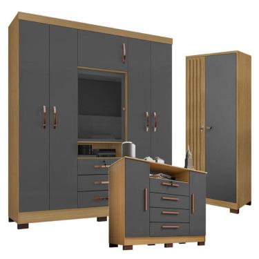 Imagem de Guarda Roupa Casal Imperial e Cômoda Madri com Armário Multiuso Versatile Carvalho Americano Grafite – Incorplac