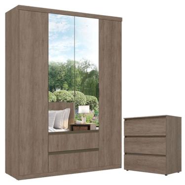 Imagem de Guarda Roupa Solteiro Nobre Glass 4 Portas e Cômoda Gaveteiro Condessa Rustic Acetinado - THB