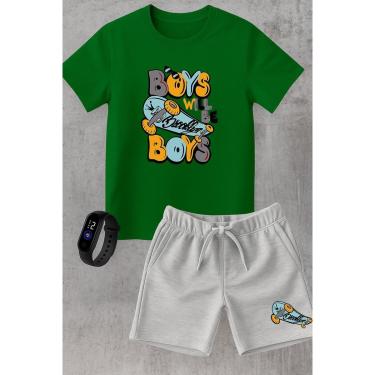 Imagem de Conjunto Infantil Camiseta e Short Moletinho Moda Verão Skate Street Brooklyn com Relógio Digital-Unissex