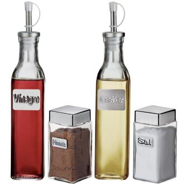 Imagem de Galheteiro com Suporte Label para Azeite Vinagre Sal e Pimenta em Vidro Inox e Aço para Mesa Inox Euro Home