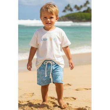 Imagem de Conjunto Camiseta e Bermuda Estampa Folhas LucBoo Bebê, Off white, Azu