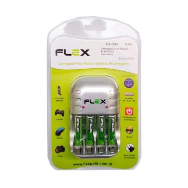 Imagem de Carregador Flex com 4 Pilhas AAA 1100 mAh Recarregáveis Desligamento Automático e Led FX-C03