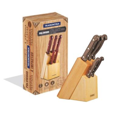 Imagem de Jogo de Facas Tramontina Polywood  Lâminas Aço Inox Cabos de Madeira Castanho 6 Peças Tramontina