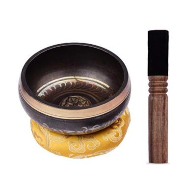 Imagem de Qudai Conjunto de tigela tibetana para canto com tigela de som de metal artesanal de 11,5 cm/4,5 polegadas e almofada macia e batedor de madeira para meditação som chacra cura ioga relaxamento EF