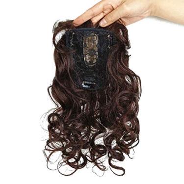 Imagem de Topper de 11"ondulado sem costura para cabelo humano Simulação de topper de divisão intermediária com presilha de franja fina em peruca preta