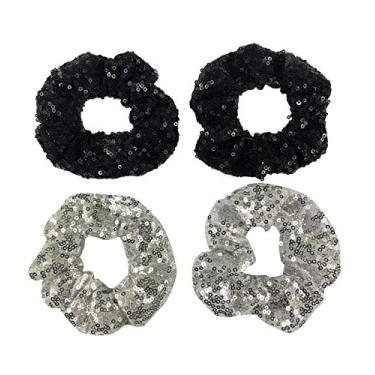 Imagem de 4 peças de cabelo de lantejoulas brilhantes Scrunchies para cabelos elásticos metálicos com elásticos de rabo de cavalo para amarrar no pulso e amarrar no pulso para mostrar academia Dança Festa Club Girl Mulheres, Black+White